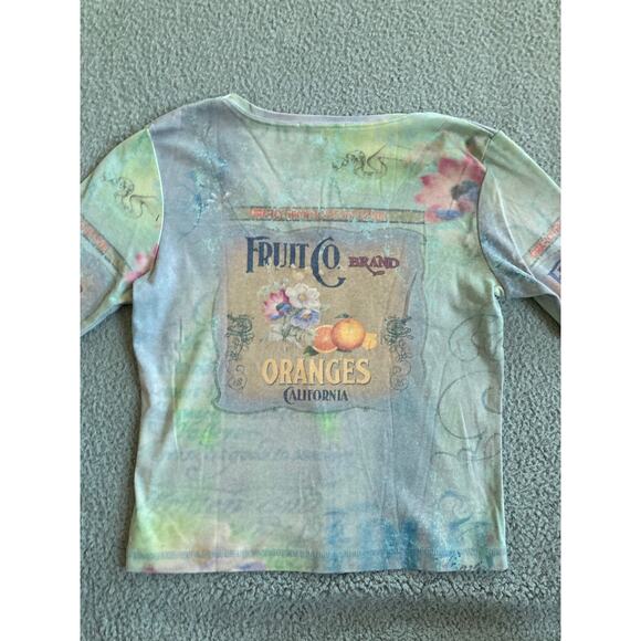 Vintage Fruit Co Top Small Rhinestone California Floral 3/4 Sleeve Shirt Y2K - Picture 6 of 14